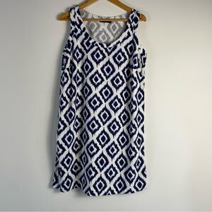 M&S Linen Sleeveless‎ Dress Size 8 Short Blue White Ikat Geometric Print Beachy